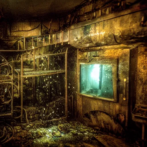 Image similar to abandoned theme park animatronic underwater, underwater photograph, dark, scary lighting, eerie, surreal, submechanophobia,