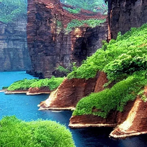 Prompt: film still of a lush natural scene on an alien planet by james cameron. beautiful landscape. weird vegetation. cliffs and water.