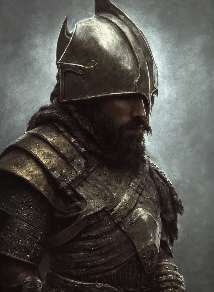 Prompt: a portrait of an nord warrior wearing leather armor from skyrim, fantasy setting, dark environment, serene colors, soft lighting, atmospheric, cinematic, moody, in the style of diego koi, gina heyer, luiz escanuela, art by alyssa monk, hyperrealism, rule of thirds, golden ratio, oil on canvas, 8 k