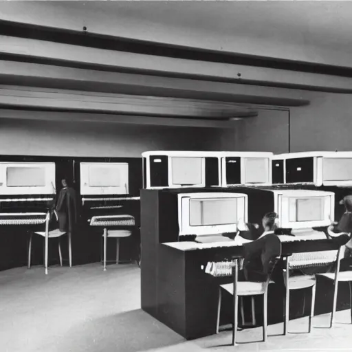 Prompt: old black and white photo, 1 9 3 3, depicting a datacenter, computers, ethernet cable in the bauhaus school, historical record