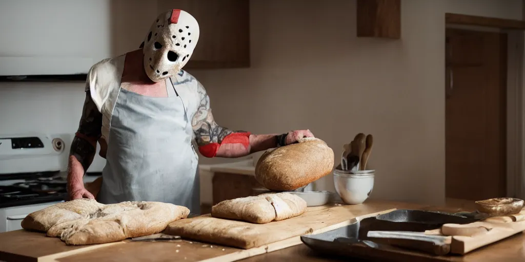 Prompt: jason voorhees in the kitchen, wearing an apron, baking a loaf of bread, ultrafine detail, mid day lighting