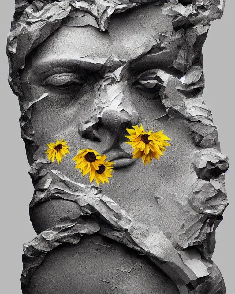 Image similar to symmetrical painting of a fractured obsidian greek statue of a sunflower fixed with kintsugi, rendered in octane trending on cgsociety. extremely detailed and intricate art