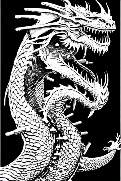 Prompt: hyper realistic dragon with steam punk breathing apparatus, white background, full frame, art by james o barr and albrecht durer, surreal woodblock print, black and white, vector, vector art