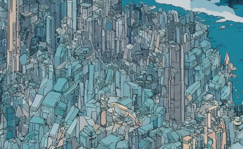 Image similar to a metropolis built on a island floating above the sea in the sky, waterfalls fall from the island into the sea, by Laurie Greasley, artstation, Studio Ghibli color scheme