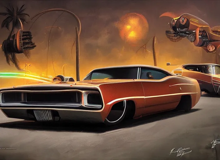 Image similar to lowrider muscle car fantasy of the future, art by alejandro burdisio