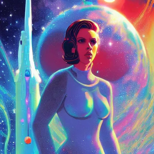 Prompt: epic illustration of Scarlett Johansson as a beautiful space wizard by Paul Lehr, detailed, space opera, screen print,