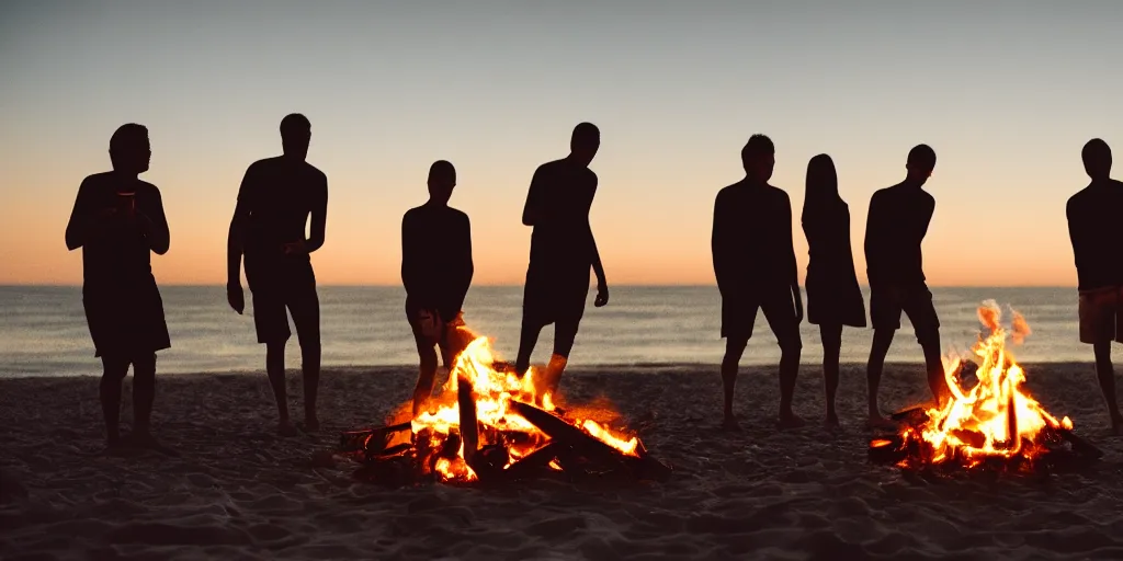 Prompt: 5 people's silhouette around a bonfire by the beach when the sun is almost set, nikon, dark, inspirational photography, realistic, 8 k, extreme detail