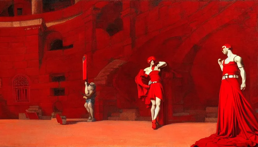 Image similar to only with red, a red gladiator in a crowded roman amphitheatre, crowd cheers him, in the style of rolf armstrong and ambrosius benson and edward hopper, intricate and epic composition, red by caravaggio, highly detailed, masterpiece, red light, artstation