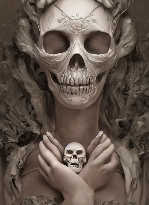 Image similar to a woman wearing a white mask with an ornate skull on her face, a marble sculpture by bastien lecouffe - deharme, featured on zbrush central, gothic art, zbrush, marble sculpture, grotesque