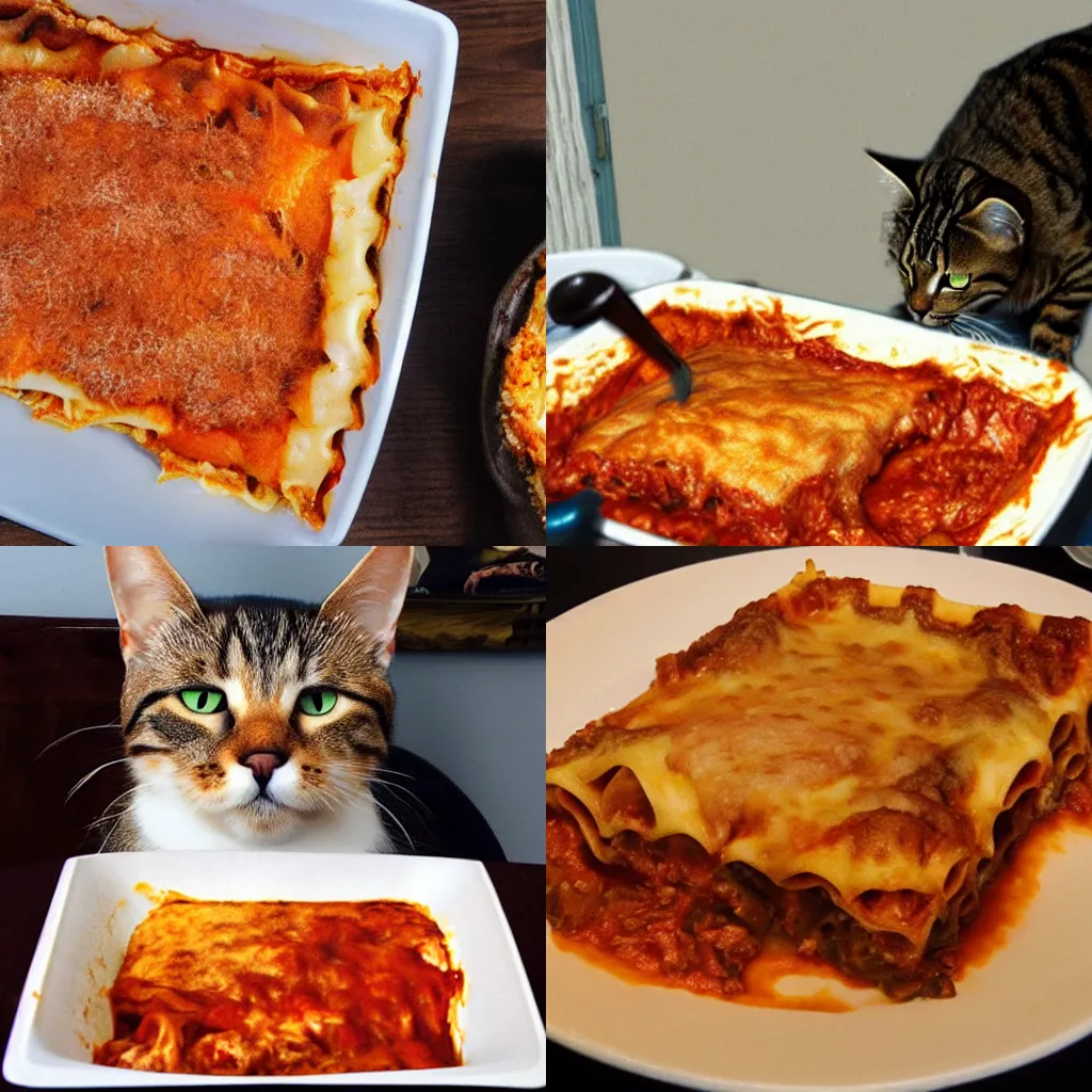 Prompt: realistic photo of cat Garfield eating lasagne