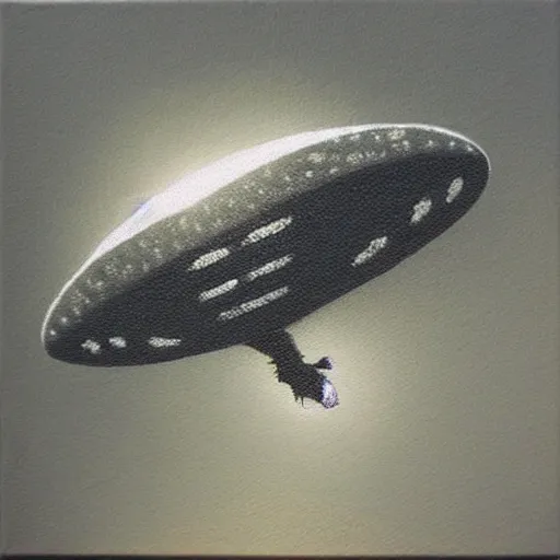 Prompt: An oil dotwork on canvas of a cow being sucked into mid-air by the beam of a hovering UFO.