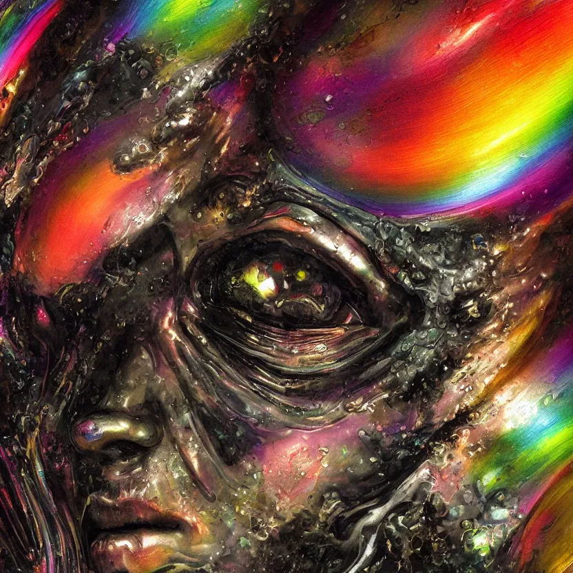 Image similar to a dark baroque close - up portrait of a colorful iridescent rainbow porcelain being made out of white liquid sci - fi vitrified translucent ceramic marble ; china. reflective detailed textures. gloomy black background. highly detailed fantasy science fiction painting by moebius, norman rockwell, frank frazetta, and syd mead. rich colors, high contrast. artstation