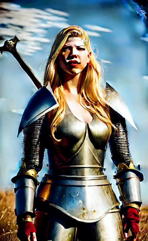 Image similar to katheryn winnick in a knight armor, full plate, photography, movie poster, red lipstick, leather, blood stains, hair in the wind, shiny metal armor, gold, victorious on a hill, battlefield, blue sky, sunshine, lens flare, hard light, full body, sword pointed at sky