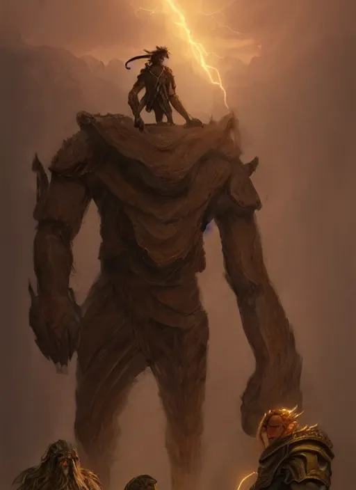 Prompt: Handsome brown haired elven warrior standing beside a large golem made of wood. Haughty look. In style of Hyung-tae Kim, Greg Rutkowski and Larry Elmore, concept art, trending on ArtStation, Korean MMORPG, over-detailed art, 8K, epic, dynamic lightning, scenery.