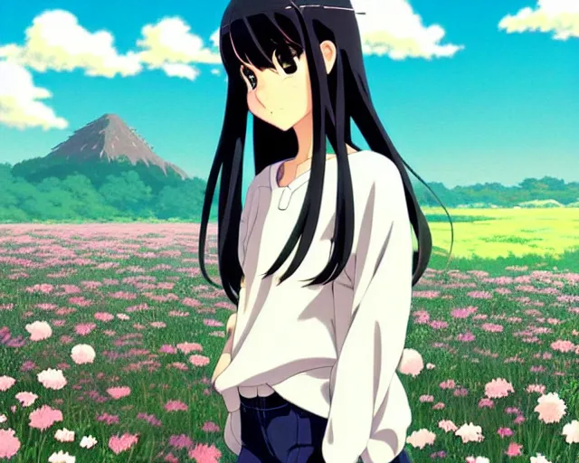 Image similar to beautiful anime girl with long black hair and bangs, wearing a white sweater, fine details portrait, a field of flowers and mountains in background, bokeh. anime masterpiece by Studio Ghibli. illustration, sharp high-quality anime illustration in style of Ghibli, Ilya Kuvshinov, Artgerm