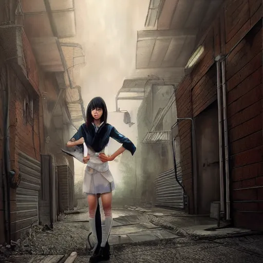 Image similar to a perfect, realistic professional oil painting of a Japanese schoolgirl posing in a dystopian alleyway, style of Marvel, full length, by a professional American senior artist on ArtStation, a high-quality hollywood-style concept