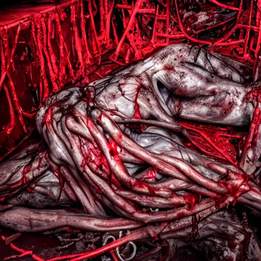 Prompt: a dark red gory structure of horror composed of intertwined decaying muscles, eyes, sharp teeth, and intestines lying in a pool of clotting blood, slowly engulfing its surroundings with twitching veins and bloody intestines, dark hazy room, a high-quality photo, hyperrealistic, in color