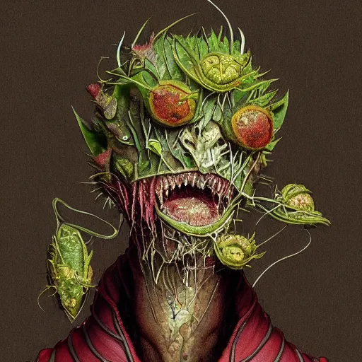 Image similar to Ripped Physique Portrait of a Venus Flytrap Guy wearing a Venus Flytrap costume plant disguised as a human standing atop a red clay pot greg rutkowski jen bartel peter mohrbacher anna podedworna arthur rackham salvador dali octavio ocampo jacek yerka winslow homer norman rockwell inio asano prismacolor tombow quill