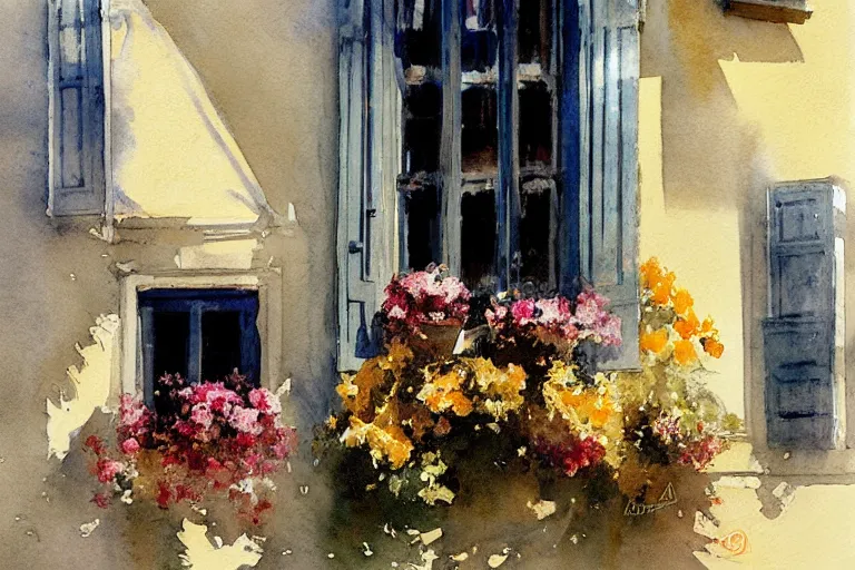 Image similar to abstract watercolor painting of spanish street, flowers in window, summer, magical and traditional, cinematic light, sharp shadows, daylight, national romanticism by anders zorn, by greg rutkowski, by greg manchess