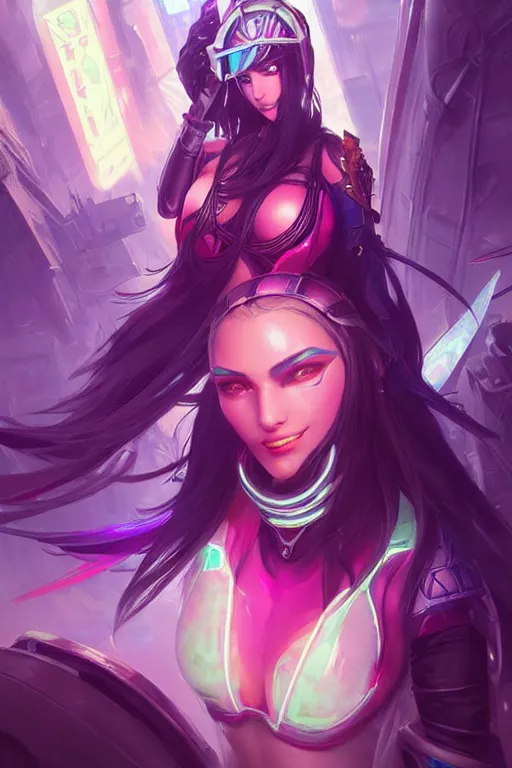 Image similar to irelia from league of legends, cyberpunk futuristic neon. kunai's flying around her, decorated with traditional japanese ornaments by ismail inceoglu dragan bibin hans thoma greg rutkowski alexandros pyromallis nekro rene maritte illustrated, perfect face, fine details, realistic shaded, fine - face, pretty face, masterpiece