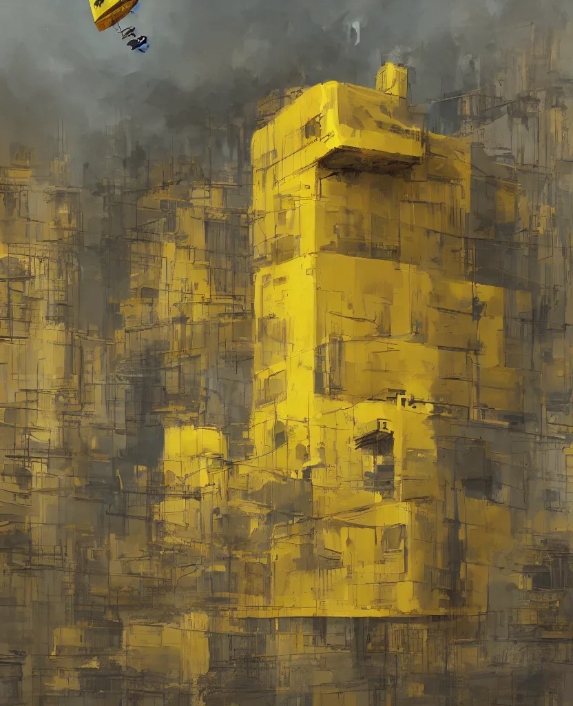 Image similar to a painting of a yellow building floating in the air, concept art by kamal ud - din behzad, artstation, maximalism, official art, concept art, 2 d game art