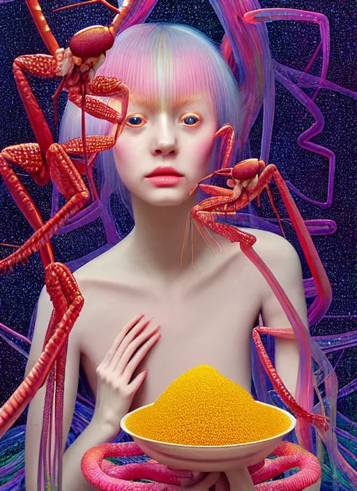 Image similar to hyper detailed 3d render like a Oil painting - kawaii lithe portrait Aurora (gold haired Singer Praying Mantis) seen Eating of the Strangling network of yellowcake aerochrome and milky Fruit and Her delicate Hands hold of gossamer polyp blossoms bring iridescent fungal flowers whose spores black the foolish stars by Jacek Yerka, Mariusz Lewandowski, Houdini algorithmic generative render, Abstract brush strokes, Masterpiece, Edward Hopper and James Gilleard, Zdzislaw Beksinski, Mark Ryden, Wolfgang Lettl, hints of Yayoi Kasuma, octane render, 8k