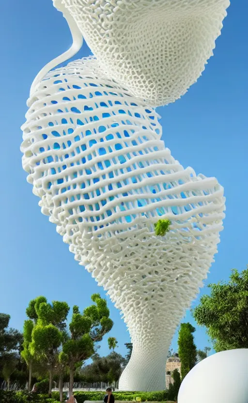 Image similar to elegant white art 3 d printed parametric installation with playful surreal tall lemon groves, beautiful sunny day, fluidity, vincent callebaut, mamou - mani, innovative voronoi pavilion with huge white magnolias above