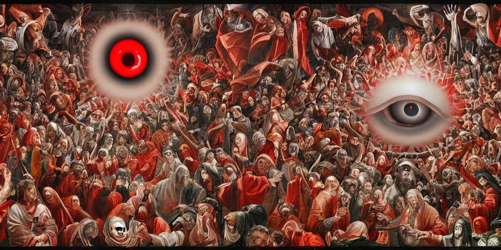 Image similar to a single blood - red eyeball is in the center of the picture, surrounded by apostles of god, 4 k resolution, by miura kentaro, ultra detailed,