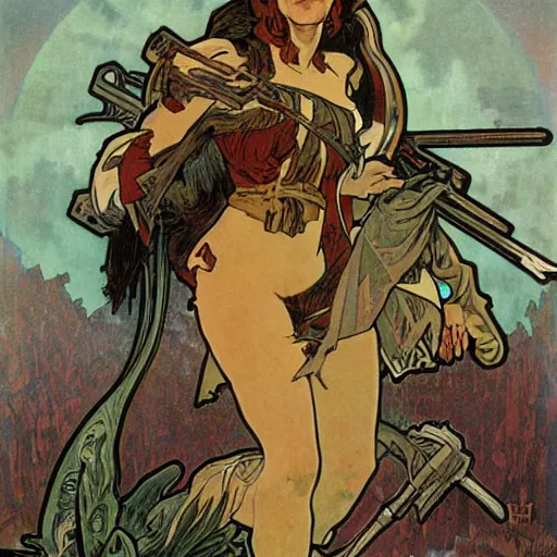 Prompt: postapocalyptic warrior, painted by alphonse mucha