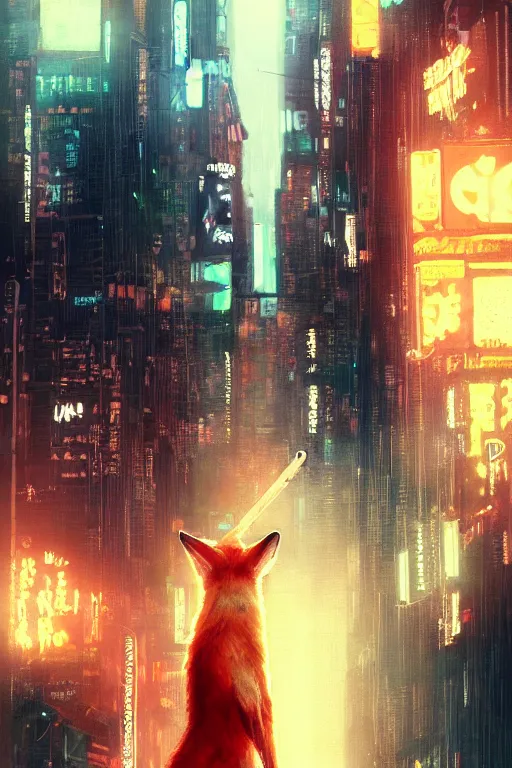 Image similar to beautiful portrait of a tall white female anthro fox smoking a cigarette towering head and shoulders above the bustling crowd of a rainy city street around her, cyberpunk, harsh neon lights, highly detailed, sharp focus, digital painting, illustration, trending on artstation, art by sakimichan, wlop, greg rutkowski
