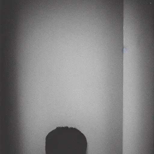 Prompt: an uncanny face in a dark room, 35 mm, film photo