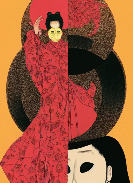 Image similar to portrait of a woman with a mask on his face in the form of a spiral in a golden kimono, full face, against the background of a bright red moon, sad motif, by hisashi eguchi, kentaro miura, and yoshitaka amano, soft colors, futuristic, 8 k