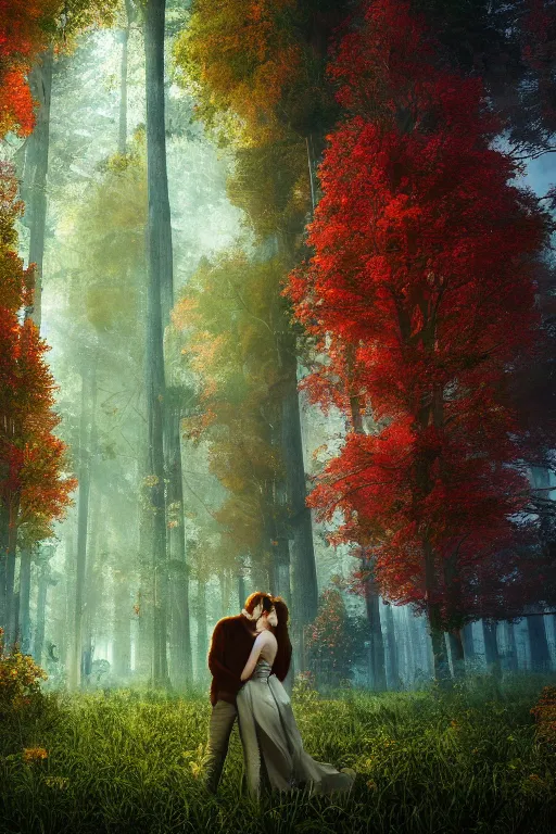 Image similar to intricate color photo of young lovers in a fantasy forest of tall trees 8 k octane beautifully detailed render