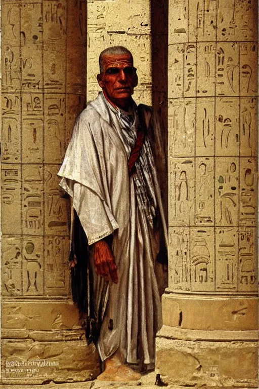 Image similar to a closer personal portrait of a a very old egyptian temple priest with very piercing eyes, very charismatic. in the old ancient temple of luxor. masterpiece, dark. painted by norman rockwell and james gurney