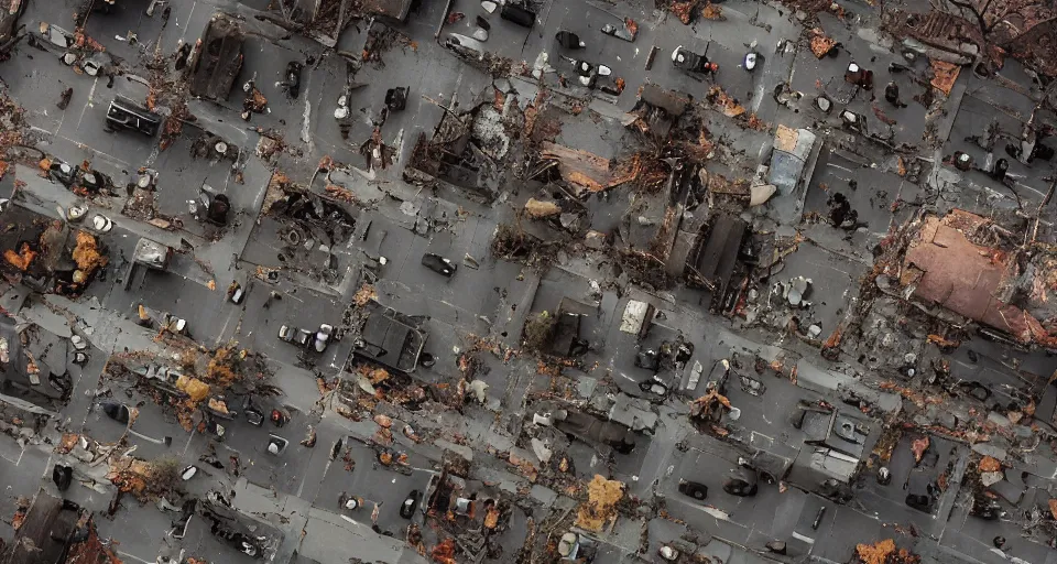 Image similar to aerial view of dilapidated zombie - apocalypse new york city in real life, desolate with zombies, dilapidated, zombies in the streets, nightmarish, some rusted style parked vehicles, sunny weather, few clouds, volumetric lighting, photorealistic, daytime, autumn, sharp focus, ultra detailed, cgsociety