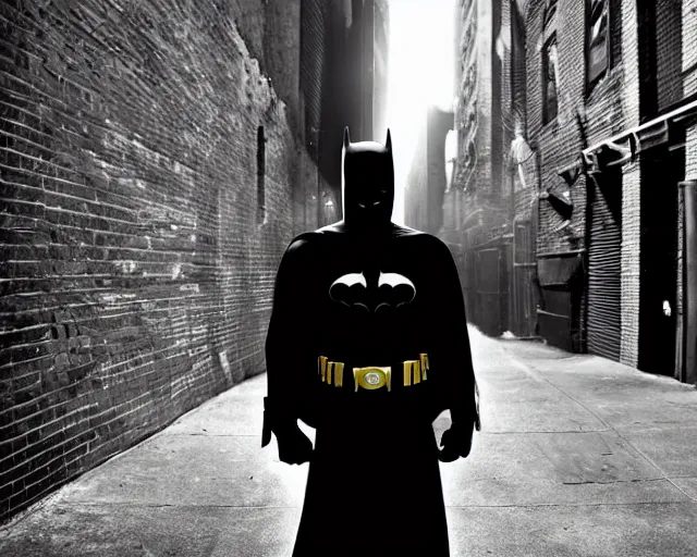 Image similar to a high definition photograph of Batman holding a lightsaber in a New York City alleyway, serious face, moody lighting, high contrast, dark background, window lights