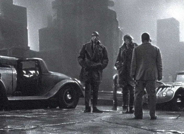 Image similar to scene from the 1932 science fiction film Blade Runner with the main character standing next to a vehicle