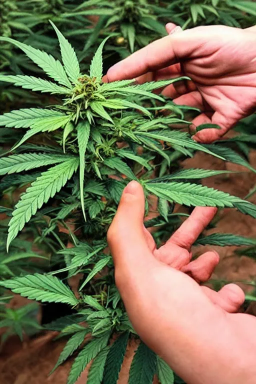 Image similar to devil spreads his hands against the background of growing cannabis.