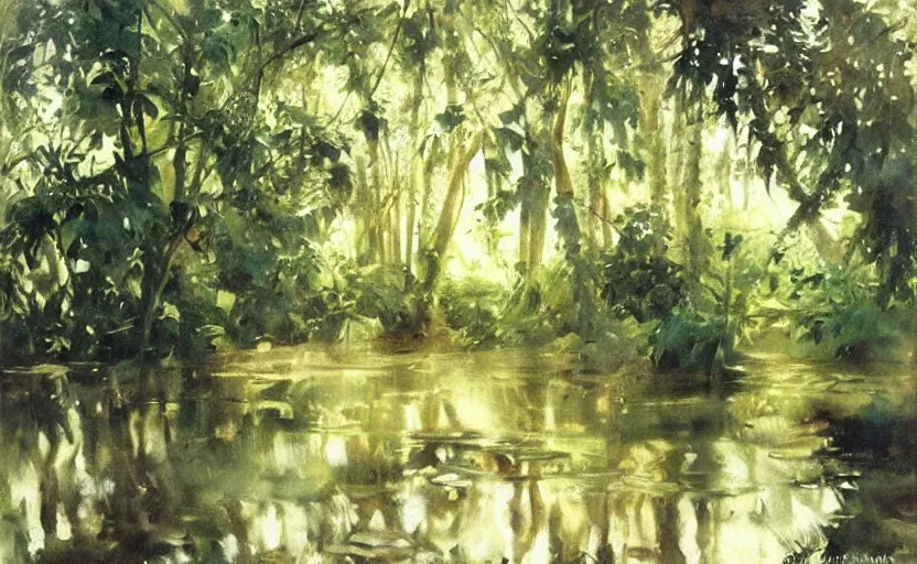 Image similar to oil painting lanscape by anders zorn, jungle nature, fruit trees, very very very very beautiful art, dramatic light, water reflections, aquarelle paint splashes, white canvas border