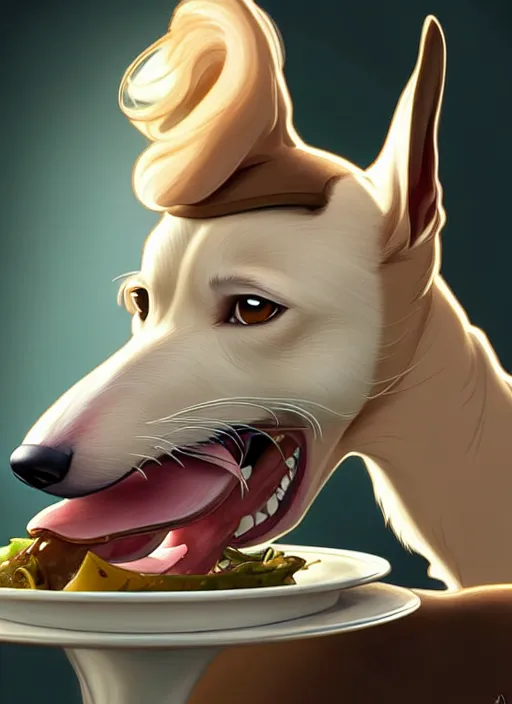 Prompt: cute white brown greyhound eating juicy steak, natural lighting, path traced, highly detailed, high quality, digital painting, by don bluth and ross tran and studio ghibli and alphonse mucha, artgerm