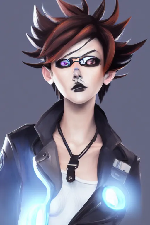 Image similar to digital drawing of tracer from overwatch in a goth style, wearing black lipstick and black eyeliner, 4 k, artstation, beautiful artwork, volumetric lighting, extremely detailed, focus on face, fog,