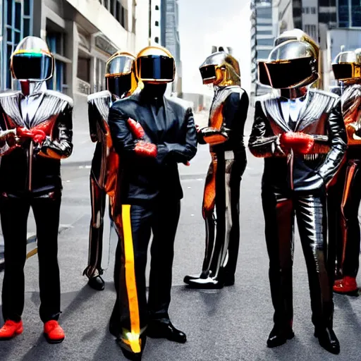 Image similar to a photo of a parade of people dressed in Daft Punk Helmets and Daft Punk Suits, 8k, dramatic lighting