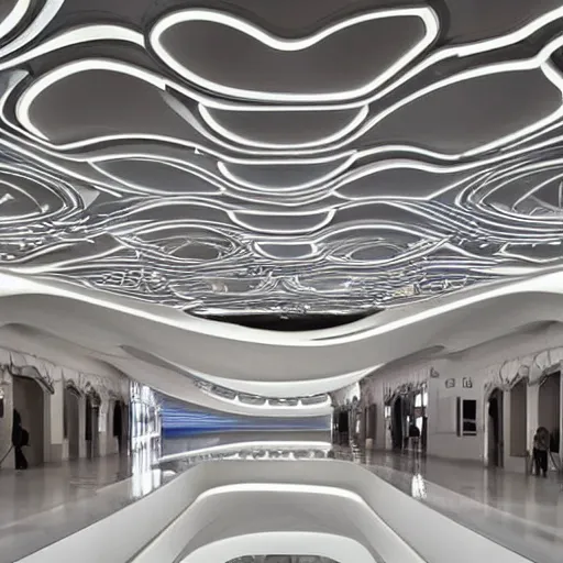 Image similar to extremely detailed ornate stunning beautiful futuristic museum lobby interior by Zaha Hadid