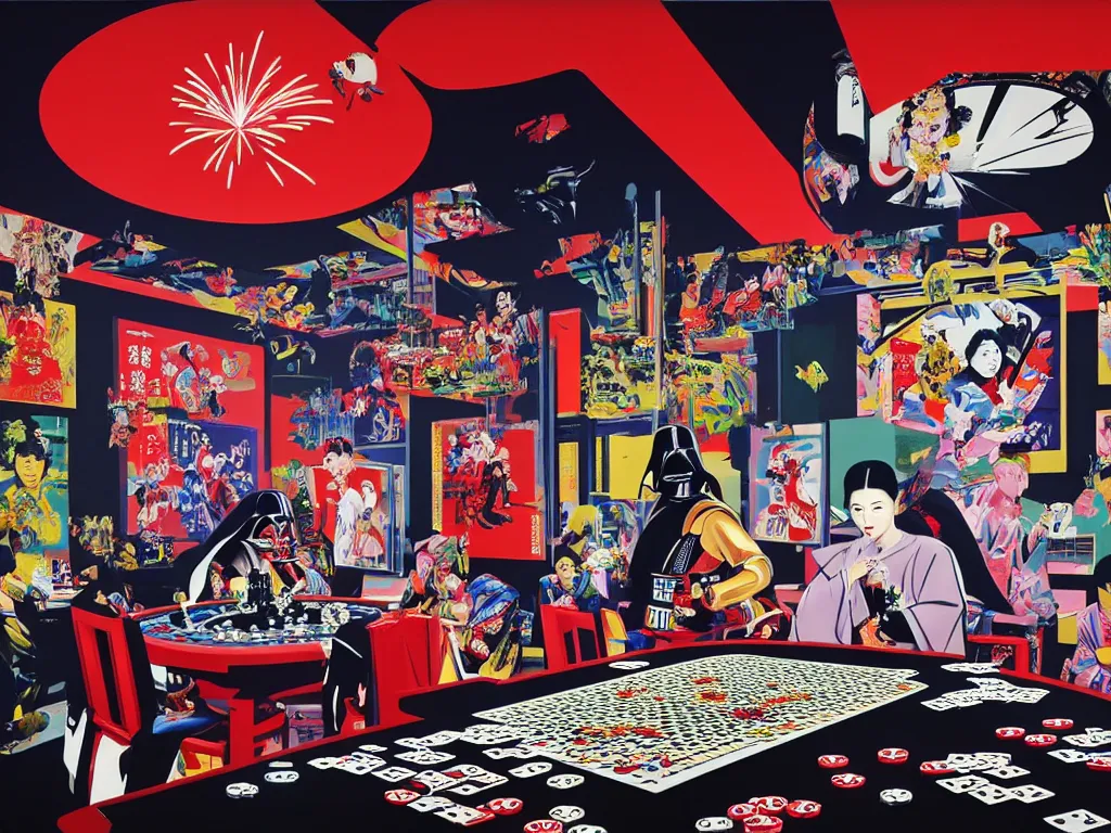 Image similar to hyper - realistic composition of a large room with an extremely detailed poker table in the center, woman in traditional japanese kimono standing nearby, darth vader sitting at the table, fireworks in the background, pop art style, jackie tsai style, andy warhol style, acrylic on canvas, dull palette