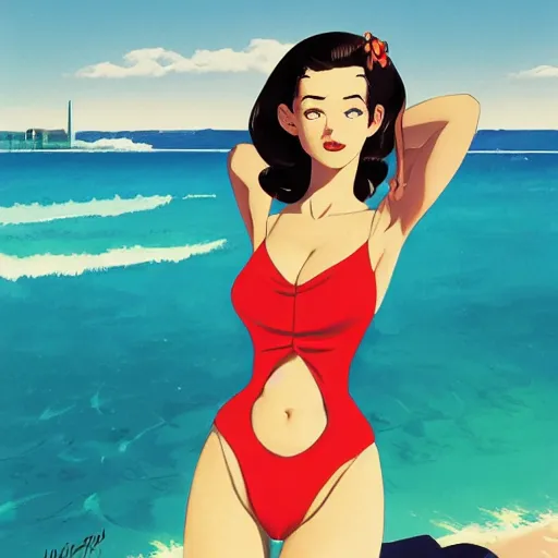 Image similar to portrait of a beautiful girl with dark 1950's style hair dressed in 1950's swimsuit, sunny beach, rich vivid colors, ambient lighting, dynamic lighting, 4k, HQ, official media, anime key visual, makoto shinkai, ilya kuvshinov, lois van baarle, rossdraws, detailed, trending on artstation