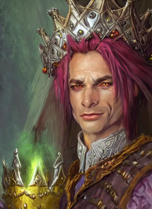 Image similar to goblin king wearing crown, ultra detailed fantasy, dndbeyond, bright, colourful, realistic, dnd character portrait, full body, pathfinder, pinterest, art by ralph horsley, dnd, rpg, lotr game design fanart by concept art, behance hd, artstation, deviantart, hdr render in unreal engine 5