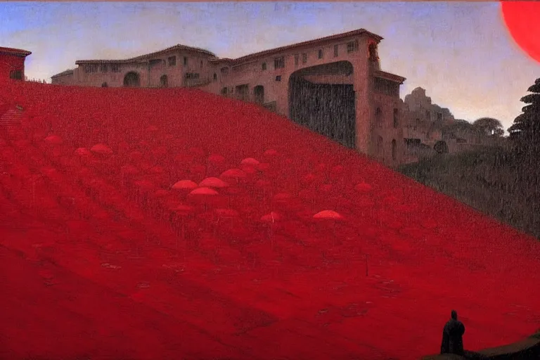 Image similar to only with red, a red great emperor, taormina amphitheatre, crowd with big smile, in the style of beksinski, parts by edward hopper, parts by rodcenko, parts by yue minjun, intricate and epic composition, red by caravaggio, insanely quality, highly detailed, masterpiece, red light, artstation, 4 k