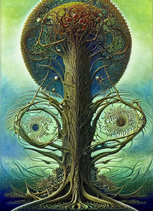 Image similar to tree of life by roger dean and andrew ferez, art forms of nature by ernst haeckel, divine chaos engine, symbolist, visionary, art nouveau, botanical fractal structures, organic, detailed, realistic, surreality