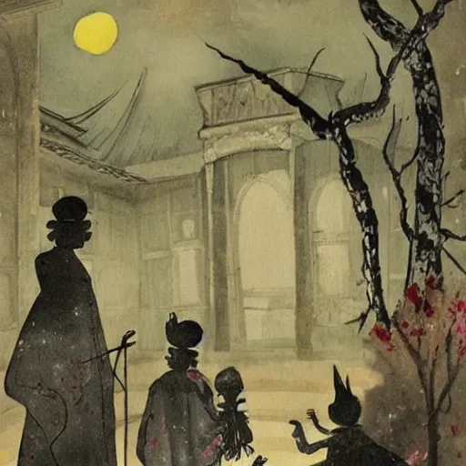 Prompt: A beautiful painting. It was a mansion of ghosts and monsters, with ghouls in the shadows and demons scuttling behind the wainscotting. in Japan by Walter Percy Day