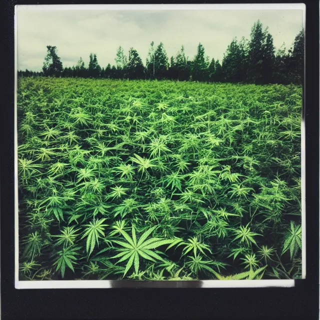 Prompt: very beautiful polaroid photo of a cannabis field near a pond on a clear day with a rainbow